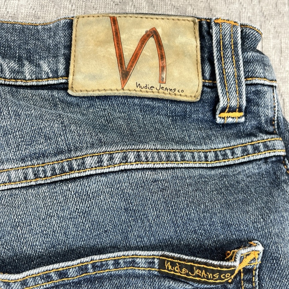 Nudie jeans, organic Men's (30X27) whiskered distressed denim blue jeans‎ pants